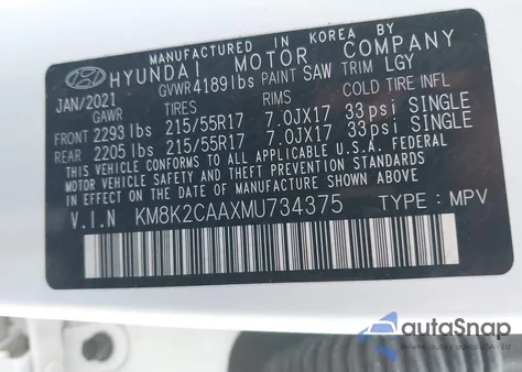 2021 Hyundai Kona Sel from USA, damaged, VIN KM8K2CAAXMU734375